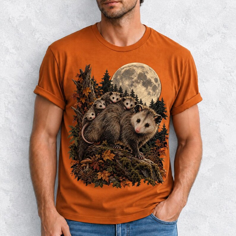 Mother opossum with babies on her back under a full moon and autumn leaves, dark realistic woodland illustration