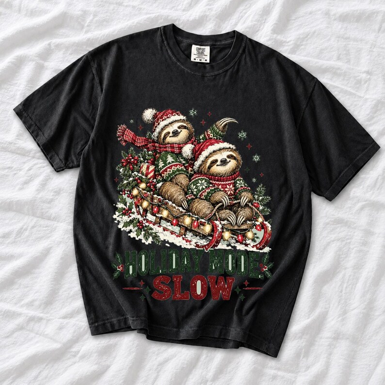 Two sloths in ugly sweaters riding a sled with lights and the text Holiday Mode: Slow