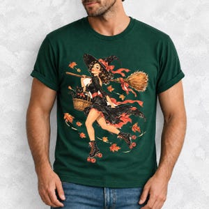 Retro 1950s pin-up witch on roller skates with a broom and a cat in a basket, autumn leaves