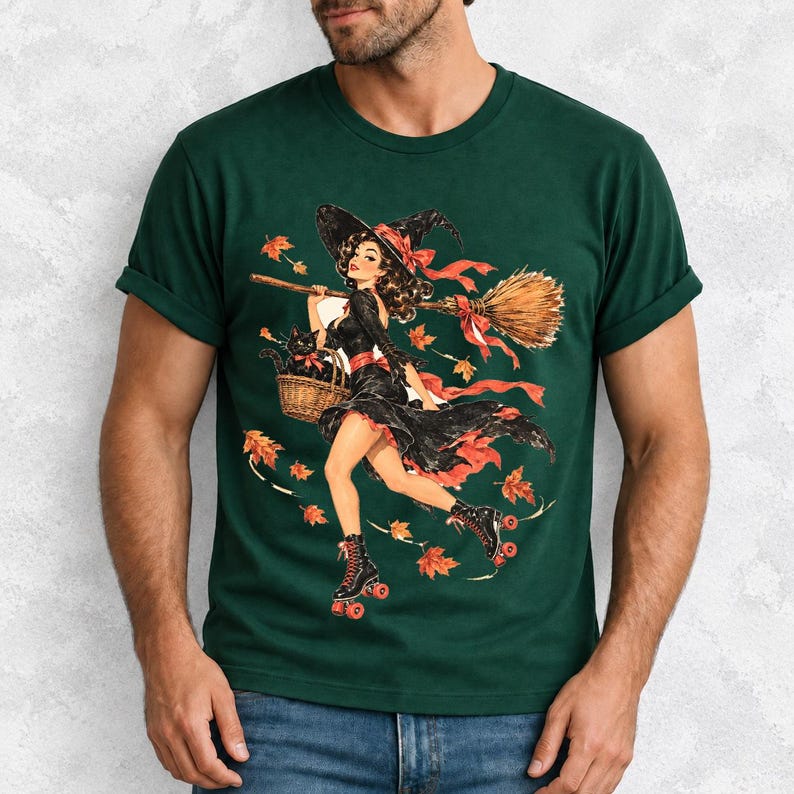 Retro 1950s pin-up witch on roller skates with a broom and a cat in a basket, autumn leaves