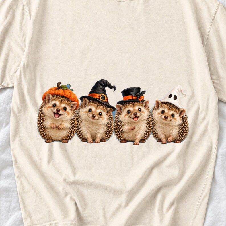 Realistic illustration of four hedgehogs wearing tiny Halloween hats in a row