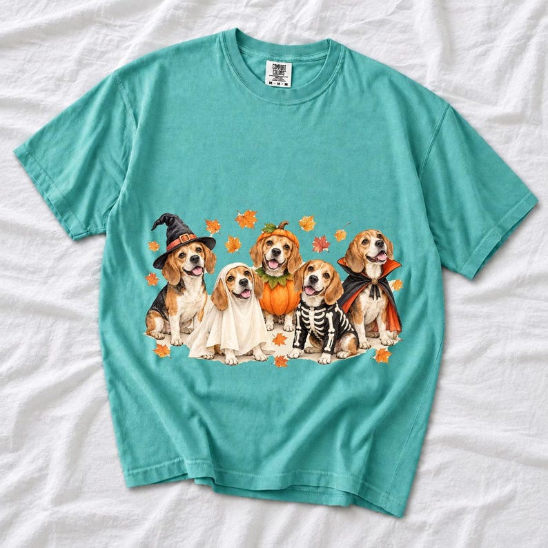 Five watercolor beagles in witch, ghost, pumpkin, skeleton and vampire costumes with floating autumn leaves