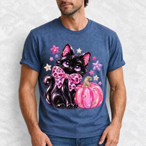 Puffy 3D black cat with a leopard bow beside a glossy pumpkin and stars in coquette style