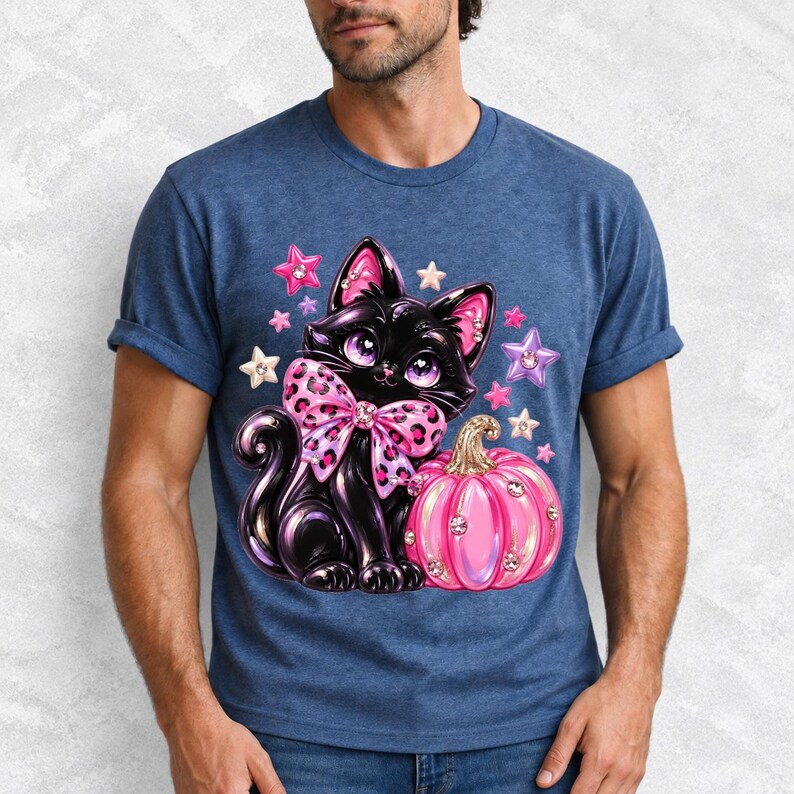 Puffy 3D black cat with a leopard bow beside a glossy pumpkin and stars in coquette style