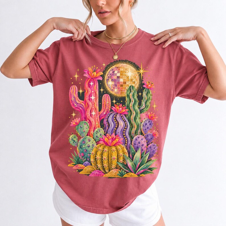 Retro 70s psychedelic glitter cacti with a disco ball moon in pink, mustard, violet and mint