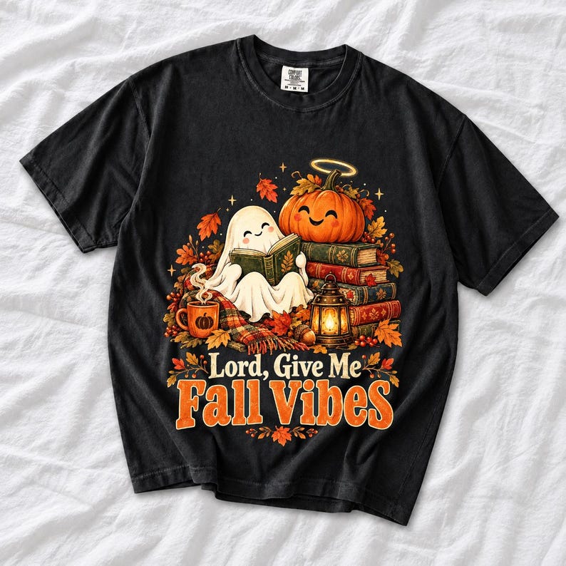 Smiling pumpkin with a halo beside a stack of books and a lantern, text "Lord, Give Me Fall Vibes", retro fall illustration