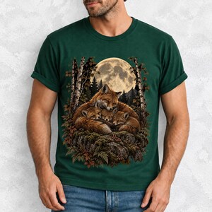 Fox family curled on a rock under a huge full moon among birch trees, dark realistic woodland illustration