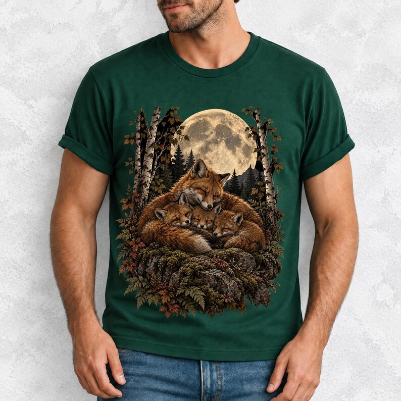 Fox family curled on a rock under a huge full moon among birch trees, dark realistic woodland illustration