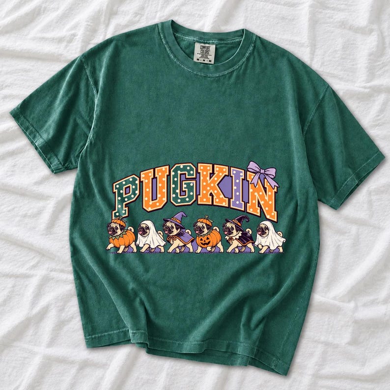 Six pugs in pumpkin, ghost and witch costumes under the arched word PUGKIN, lavender and orange polka-dot varsity style