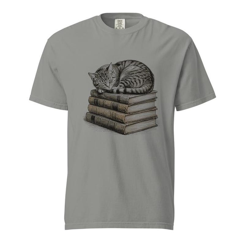 Tabby Cat Shirt, Sleeping Cat on Books Tee, Comfort Colors Cat Lover T-shirt, Bookish Cat Mom Shirt, Retro Kitty Reader Tee image 2