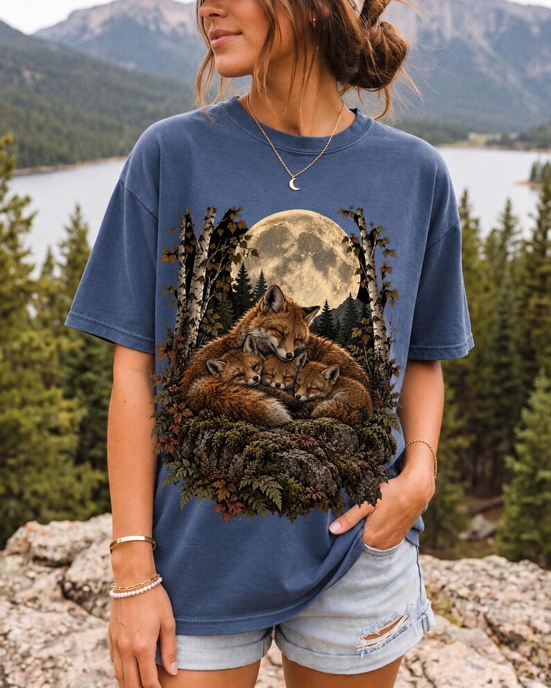 Fox family curled on a rock under a huge full moon among birch trees, dark realistic woodland illustration