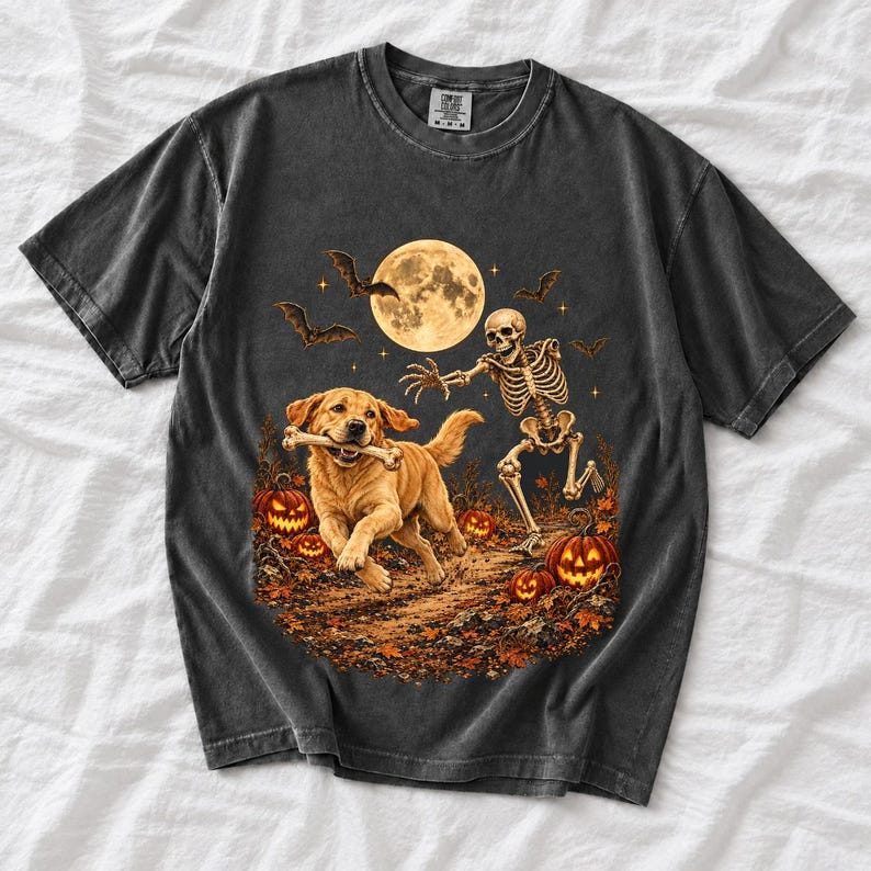 A skeleton chasing a golden labrador that stole its arm bone under a full moon with jack o lanterns and bats