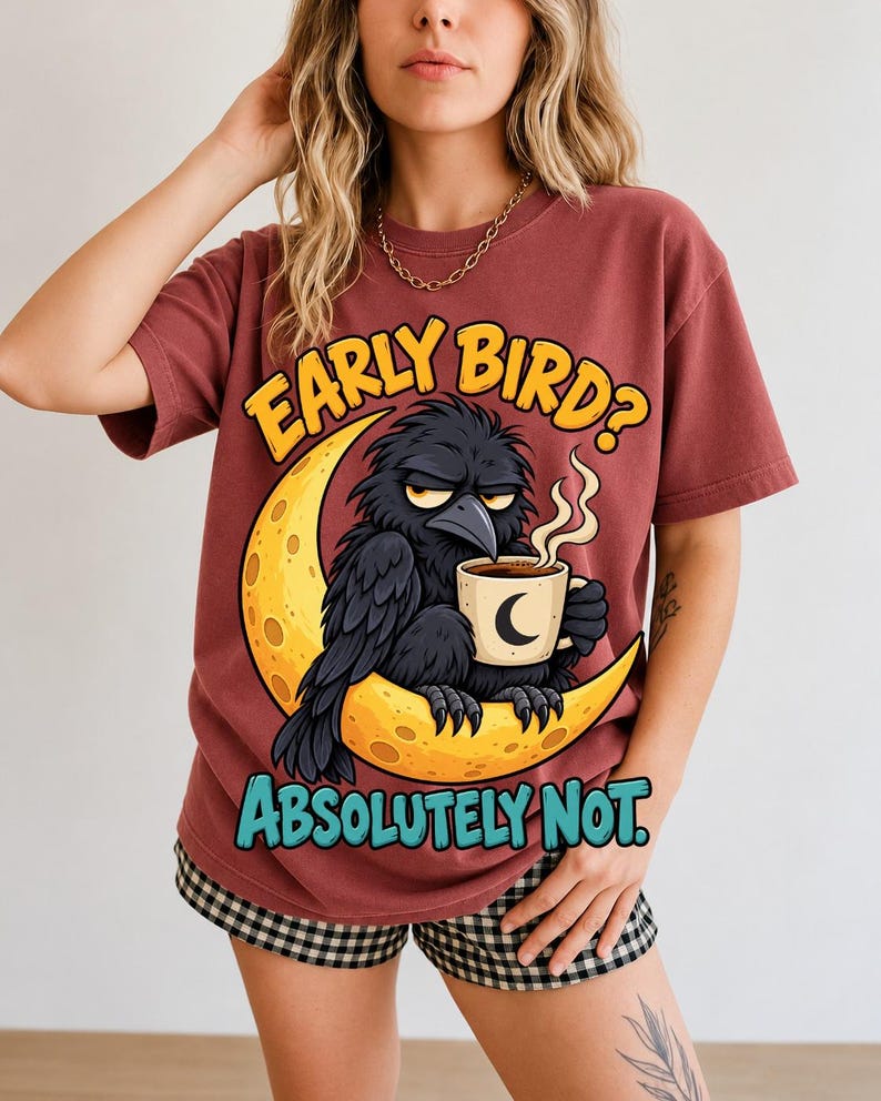 Ворона на луне с кофе «Early Bird? Absolutely Not.» — мульт