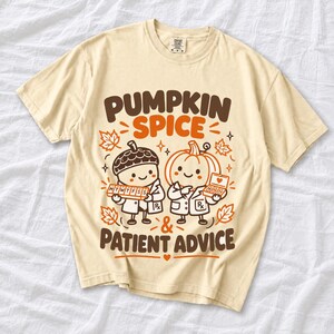 Acorn and pumpkin characters in pharmacist coats holding pill organizers, text Pumpkin Spice & Patient Advice