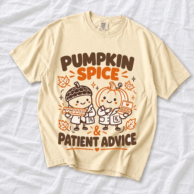 Acorn and pumpkin characters in pharmacist coats holding pill organizers, text Pumpkin Spice & Patient Advice