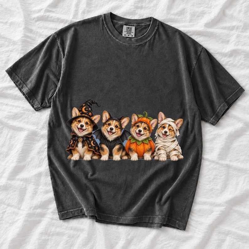 Realistic illustration of four corgi puppies in wizard, bat, pumpkin and mummy costumes in a row