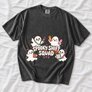 Four kawaii ghosts with stethoscope, bandages, coffee and clipboard, text Spooky Shift Squad