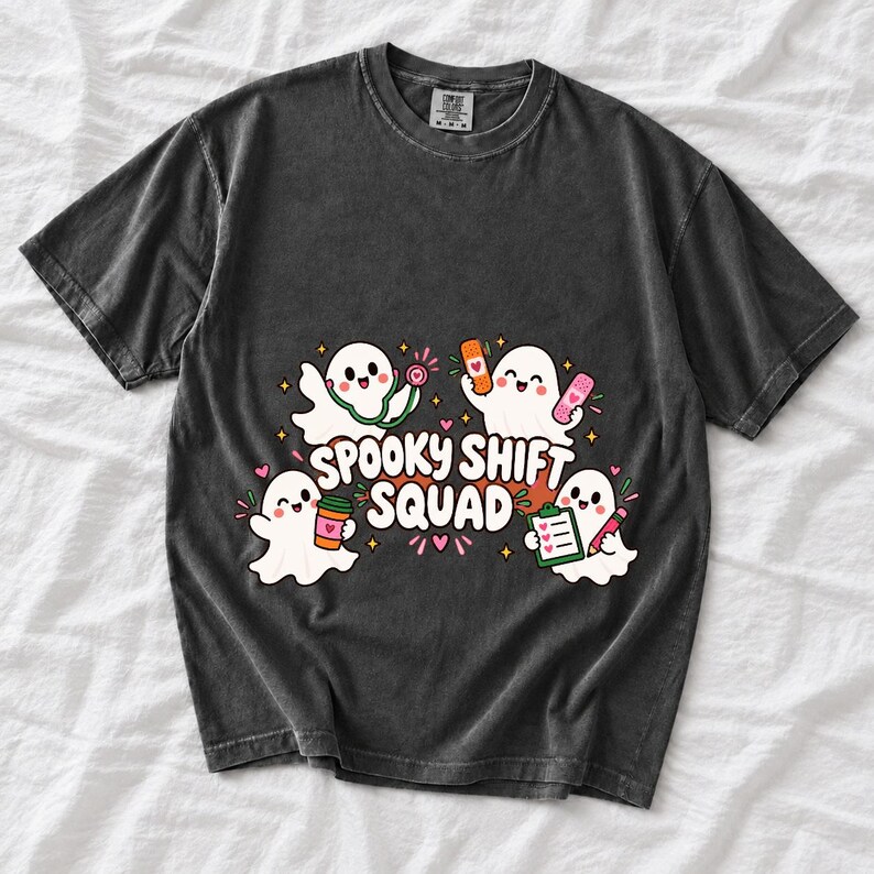 Four kawaii ghosts with stethoscope, bandages, coffee and clipboard, text Spooky Shift Squad