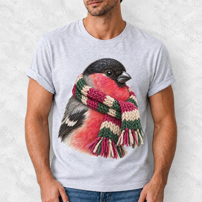 Colored-pencil bullfinch bird wrapped in a chunky striped knit scarf, cozy winter birdwatcher t-shirt art