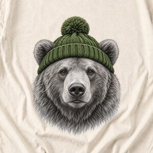 Comfort Colors Bear Beanie Shirt, Sketch Bear Winter Tee, Grizzly Bear Green Beanie T-shirt, Cabin Bear Lover Shirt Gift, Bear Tee