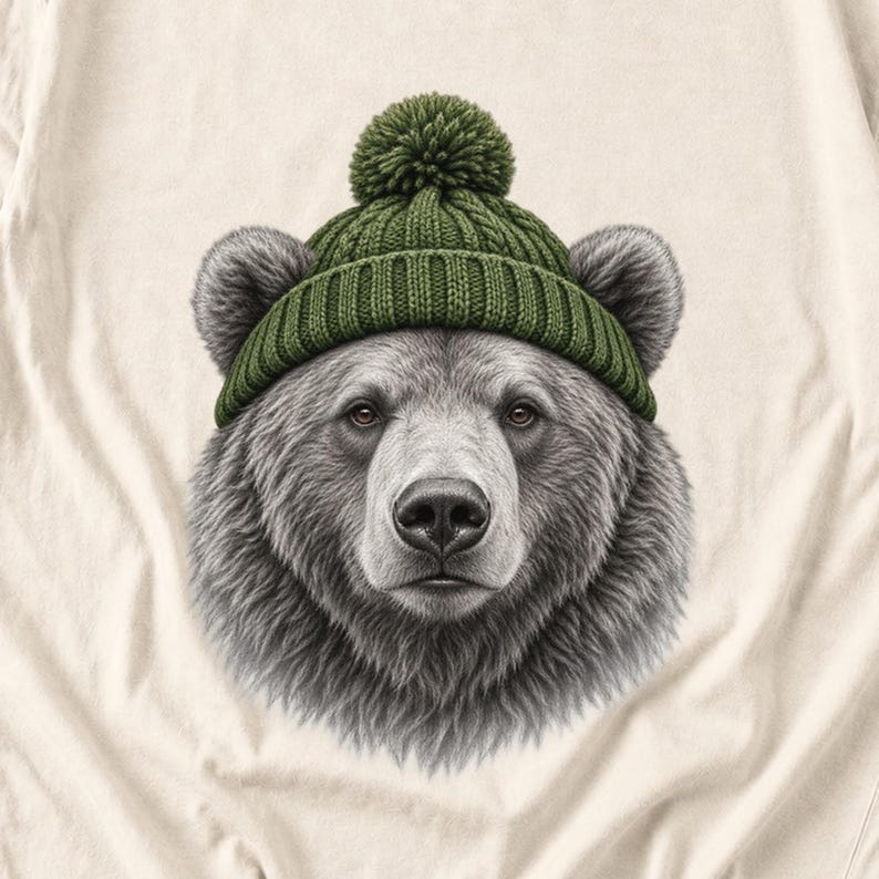 Comfort Colors Bear Beanie Shirt, Sketch Bear Winter Tee, Grizzly Bear Green Beanie T-shirt, Cabin Bear Lover Shirt Gift, Bear Tee