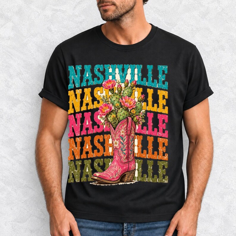 Pink embroidered cowboy boot with blooming cactus over a five-line stacked NASHVILLE word in retro colors
