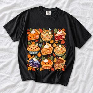 Grid of cute pie slices and mini pies with faces, lattice crusts and autumn leaves in patchwork sticker style