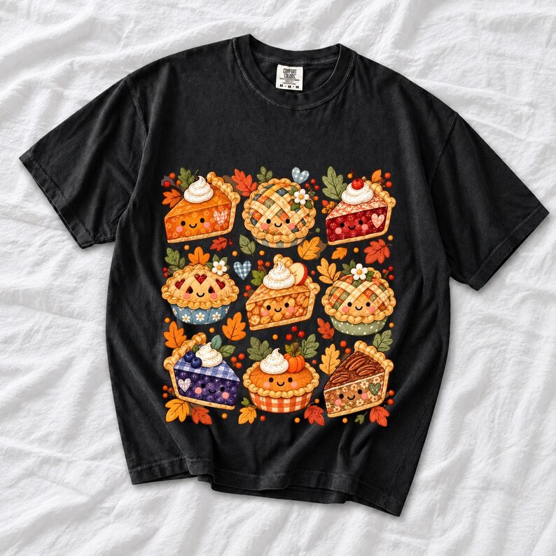 Grid of cute pie slices and mini pies with faces, lattice crusts and autumn leaves in patchwork sticker style
