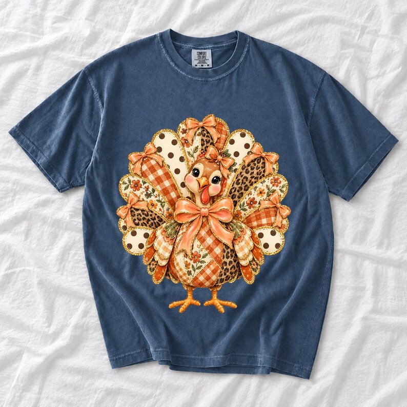 Turkey with patchwork fabric tail feathers decorated with bows on a cream and polka-dot stripe background