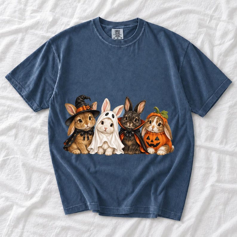 Realistic illustration of four bunnies in witch, ghost, vampire cape and pumpkin costumes in a row