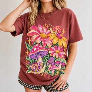 Retro 70s psychedelic glitter daisies and snails with groovy stars in pink, mustard, violet and mint