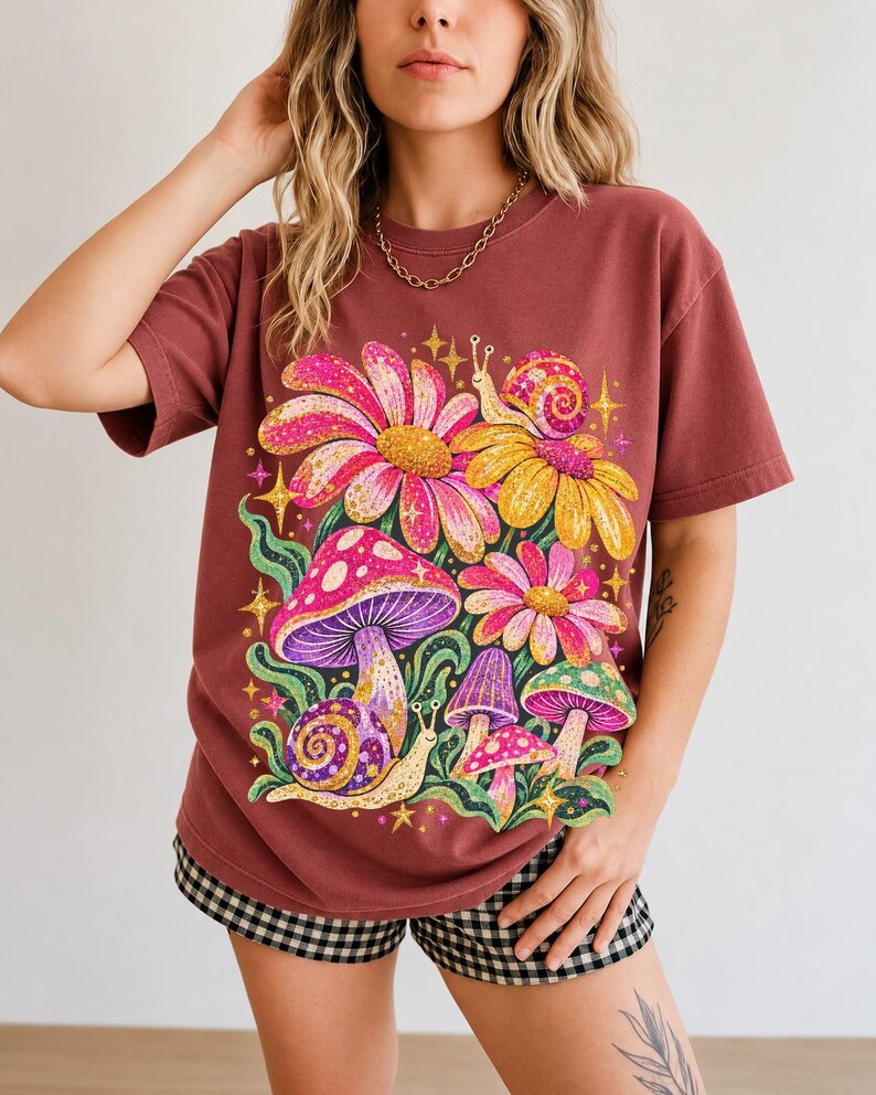 Retro 70s psychedelic glitter daisies and snails with groovy stars in pink, mustard, violet and mint