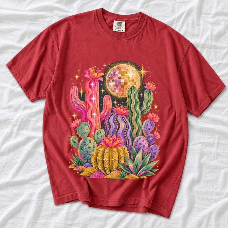 Retro 70s psychedelic glitter cacti with a disco ball moon in pink, mustard, violet and mint