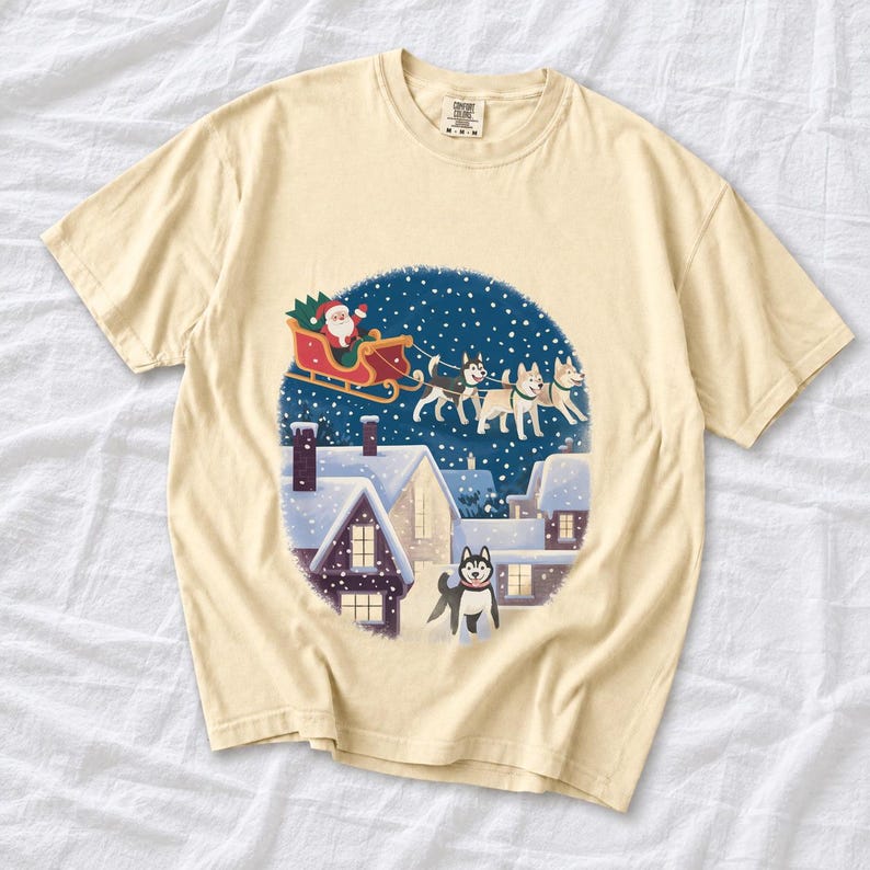 Comfort Colors Santa Sleigh Huskies Shirt, Christmas Village Husky Tee, Retro Santa Sled Dogs T-shirt, Husky Lover Holiday Shirt, Husky Tee