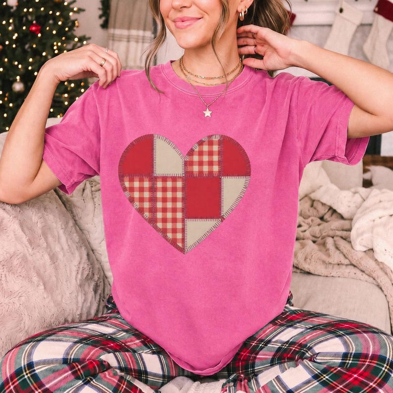 Comfort Colors Gingham Patchwork Heart Shirt, Red Heart Valentine Tee, Red Plaid Heart T-shirt, Valentines Day Heart Shirt Women