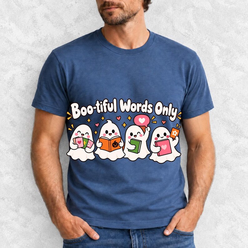 Four kawaii ghosts with flash cards, speech bubbles and books, text Boo-tiful Words Only