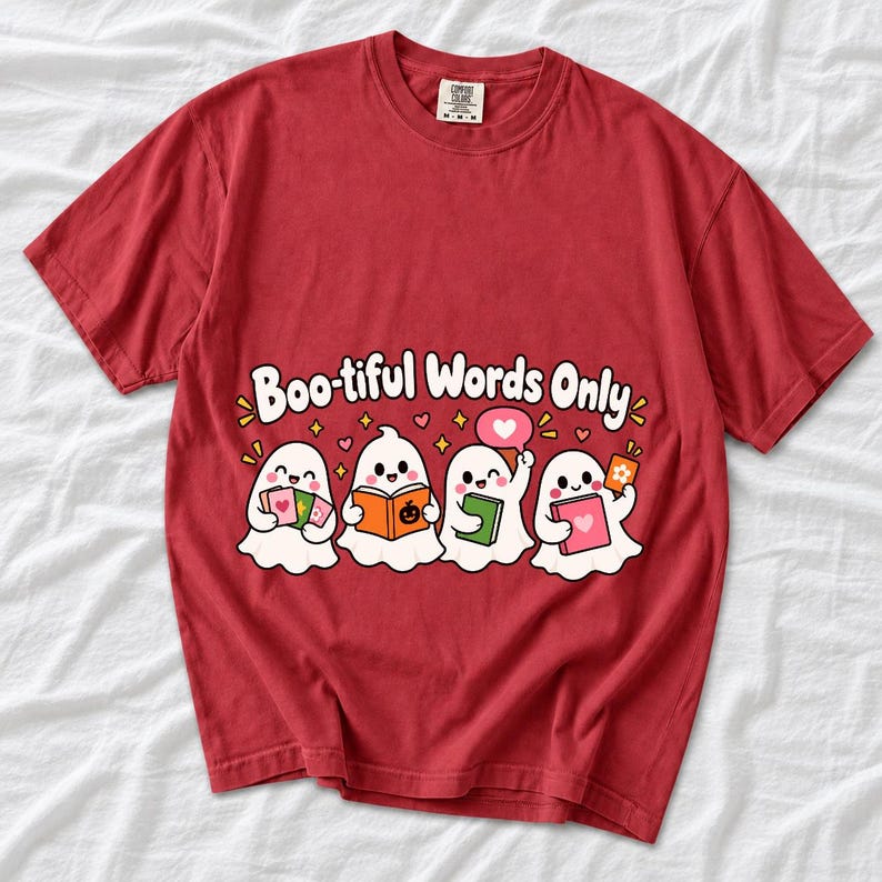Four kawaii ghosts with flash cards, speech bubbles and books, text Boo-tiful Words Only