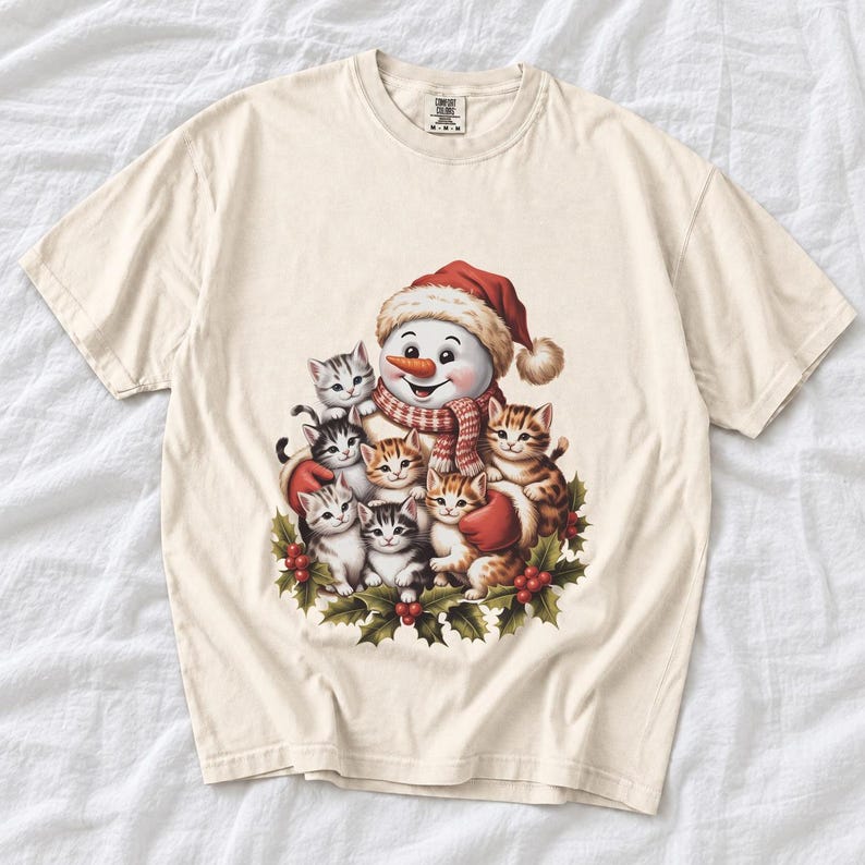 Comfort Colors Snowman Cats Christmas Shirt, Retro Snowman Kitten Tee, Christmas Cat Lover T-shirt, Cat Mom Holiday Shirt, Winter Cat Tee