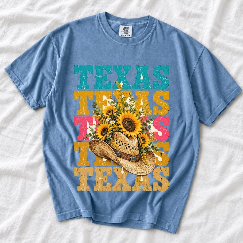 Straw cowboy hat full of sunflowers over a five-line stacked TEXAS word in retro western colors