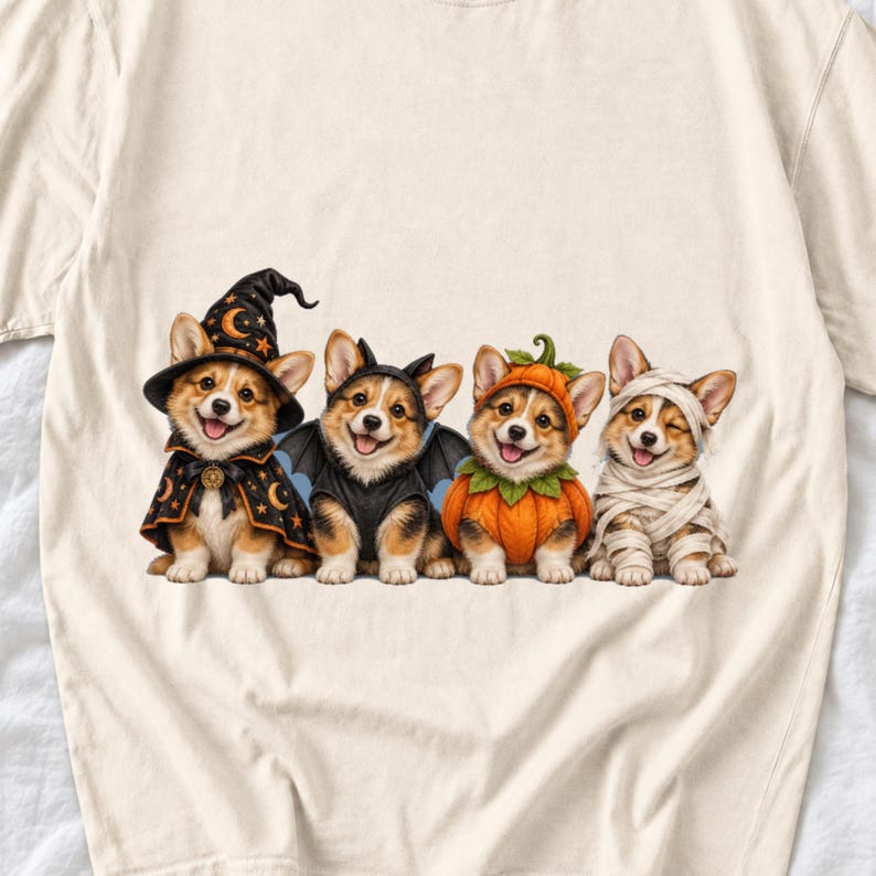 Realistic illustration of four corgi puppies in wizard, bat, pumpkin and mummy costumes in a row
