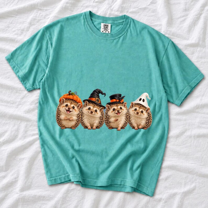 Realistic illustration of four hedgehogs wearing tiny Halloween hats in a row