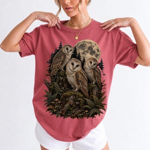 Three barn owls on a mossy stump under a huge full moon with ferns and mushrooms, dark realistic forest illustration