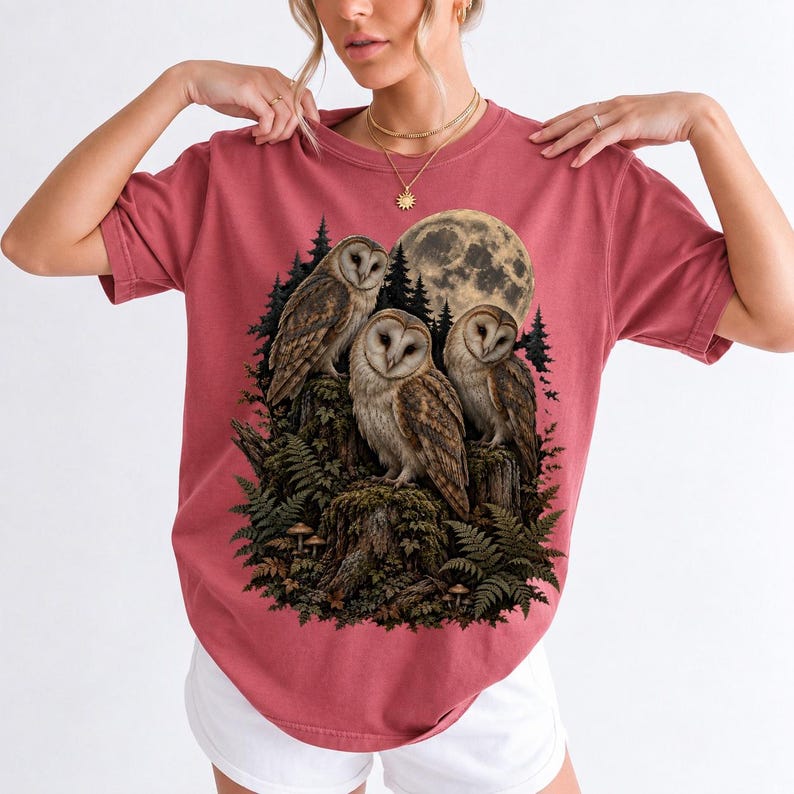 Three barn owls on a mossy stump under a huge full moon with ferns and mushrooms, dark realistic forest illustration