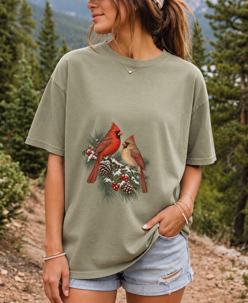 Comfort Colors Cardinal Christmas Shirt, Red Cardinals Winter Tee, Cardinal Pine Branch T-shirt, Cardinal Bird Lover Shirt, Cardinal Tee