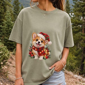 Comfort Colors Christmas Corgi Puppy Shirt, Cute Corgi Santa Hat Tee, Corgi Lover Christmas T-shirt, Corgi Mom Holiday Shirt