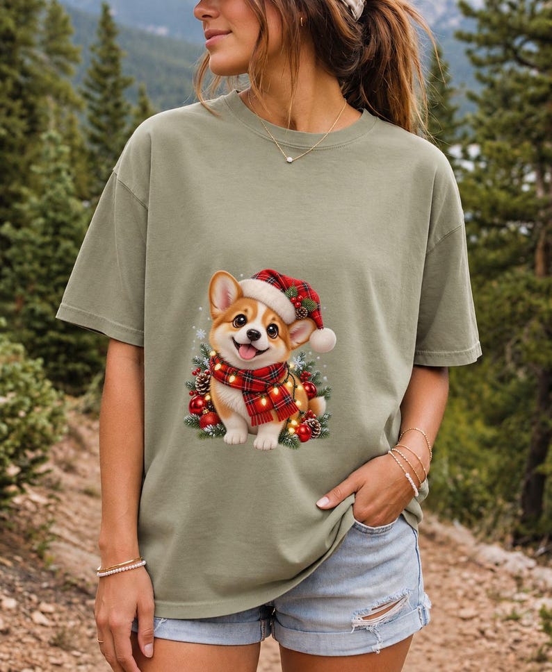 Comfort Colors Christmas Corgi Puppy Shirt, Cute Corgi Santa Hat Tee, Corgi Lover Christmas T-shirt, Corgi Mom Holiday Shirt