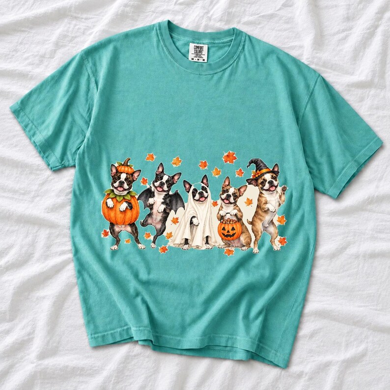 Five watercolor Boston terriers in Halloween costumes with falling autumn leaves