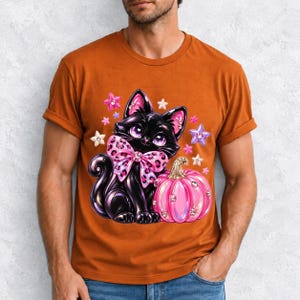 Puffy 3D black cat with a leopard bow beside a glossy pumpkin and stars in coquette style