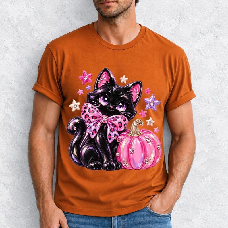 Puffy 3D black cat with a leopard bow beside a glossy pumpkin and stars in coquette style