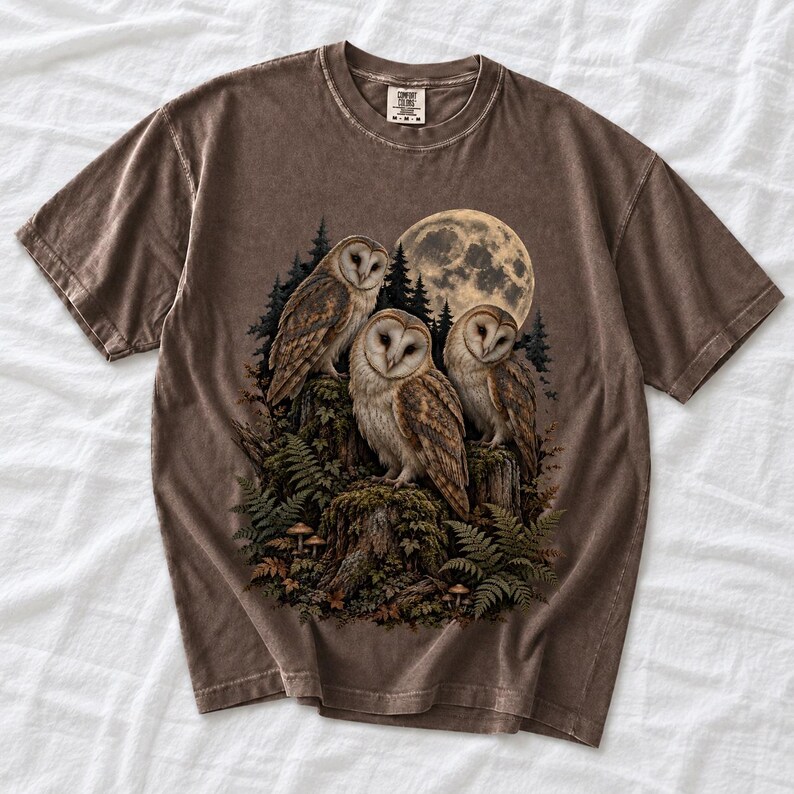 Three barn owls on a mossy stump under a huge full moon with ferns and mushrooms, dark realistic forest illustration